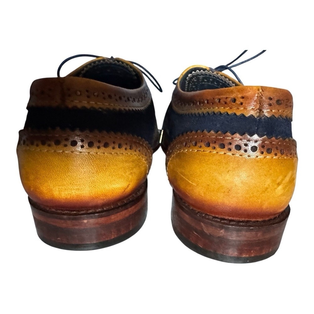 Lethato Wing Tip Oxford Brogue Shoes Men 9.5/10 Brown Navy Leather Lace Up - Picture 5 of 11